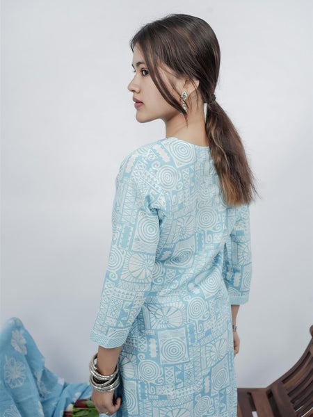 Miramaar Women's Sky Blue Cotton Adda Work Round Neck Printed Kurta Dupatta Set