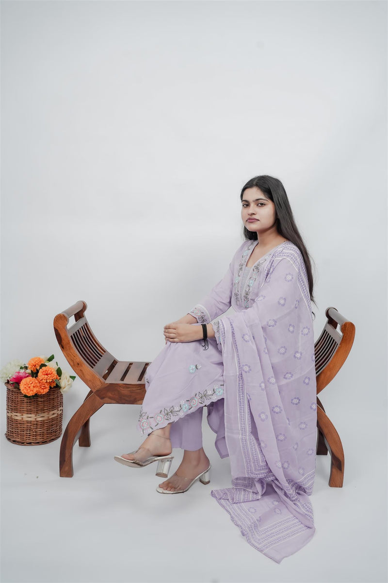 Miramaar Women's Purple Cotton Embroidered V-Neck Solid Kurta Dupatta Set