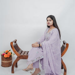 Miramaar Women's Purple Cotton Embroidered V-Neck Solid Kurta Dupatta Set
