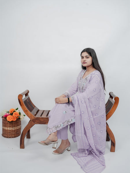 Miramaar Women's Purple Cotton Embroidered V-Neck Solid Kurta Dupatta Set
