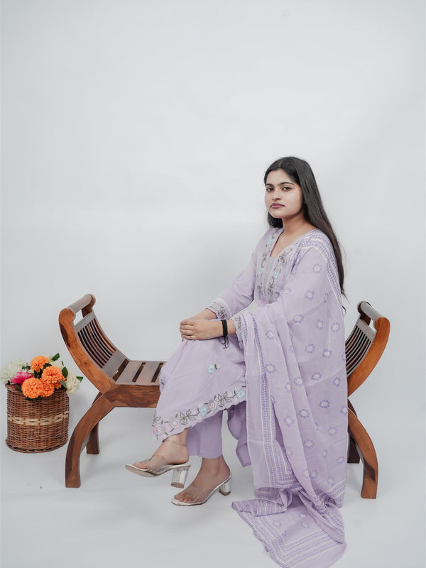 Miramaar Women's Purple Cotton Embroidered V-Neck Solid Kurta Dupatta Set