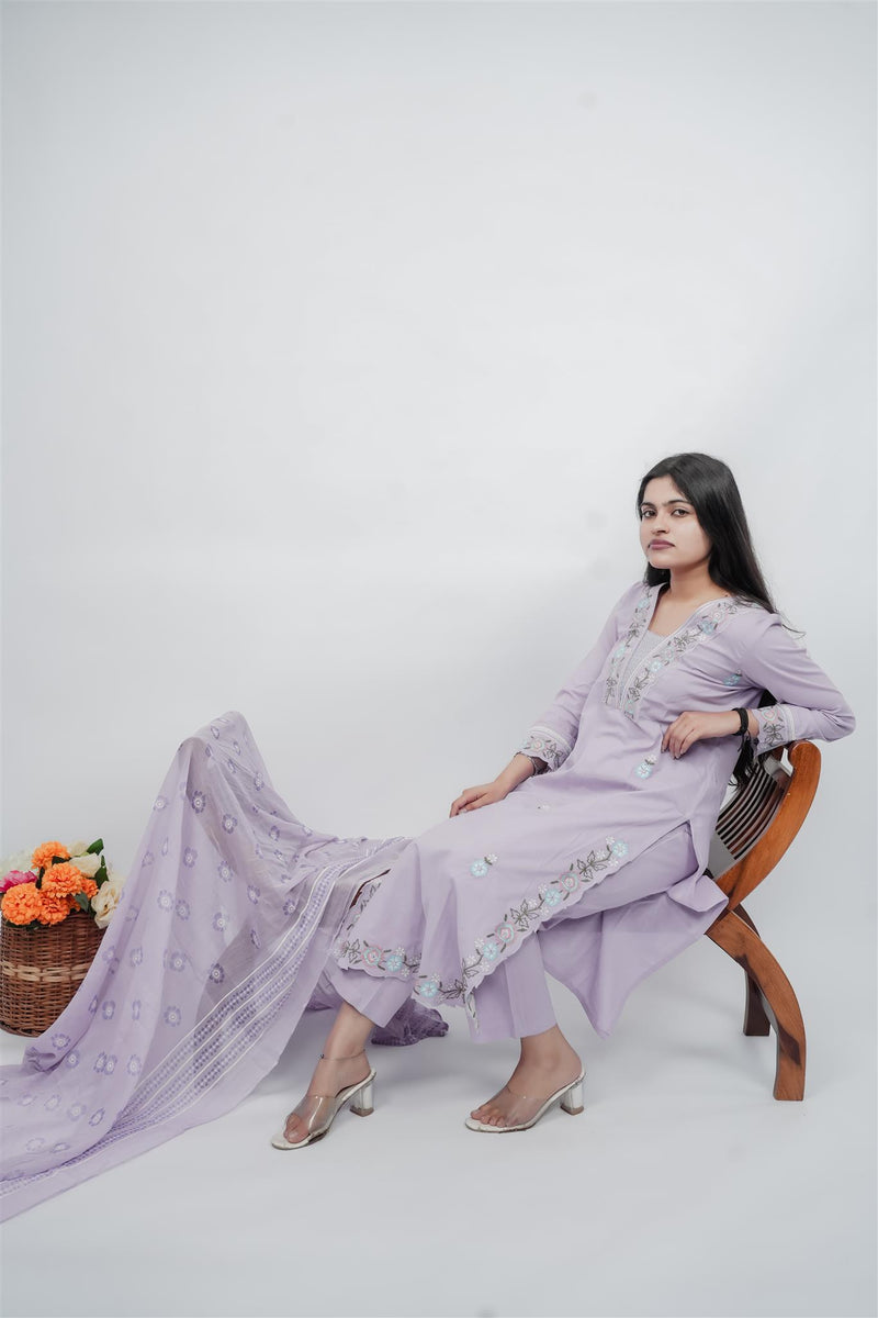 Miramaar Women's Purple Cotton Embroidered V-Neck Solid Kurta Dupatta Set