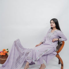 Miramaar Women's Purple Cotton Embroidered V-Neck Solid Kurta Dupatta Set