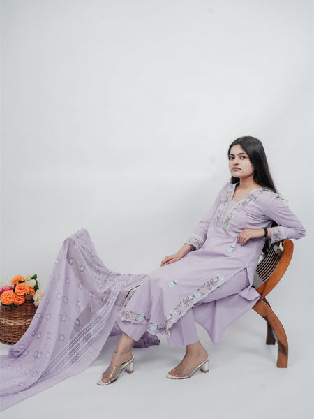 Miramaar Women's Purple Cotton Embroidered V-Neck Solid Kurta Dupatta Set