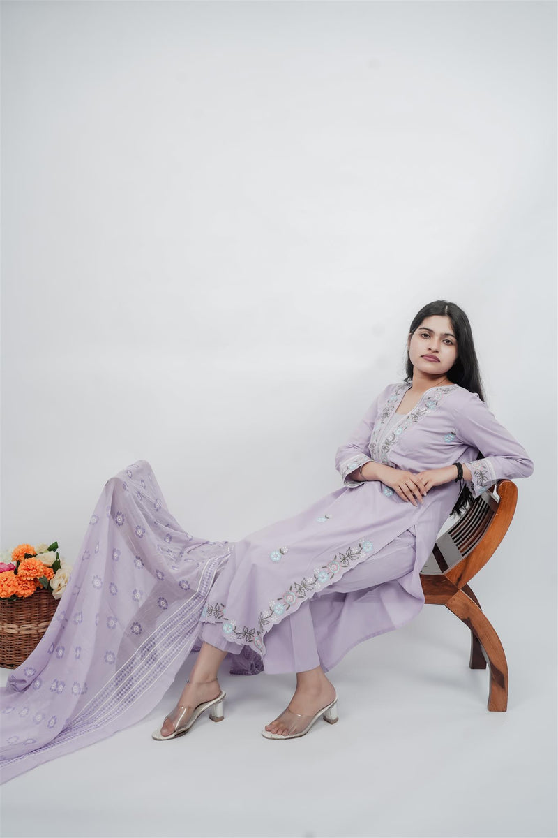 Miramaar Women's Purple Cotton Embroidered V-Neck Solid Kurta Dupatta Set