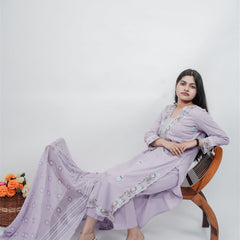 Miramaar Women's Purple Cotton Embroidered V-Neck Solid Kurta Dupatta Set