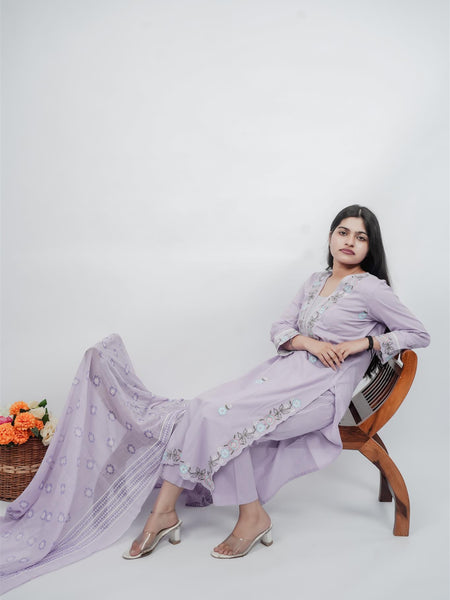 Miramaar Women's Purple Cotton Embroidered V-Neck Solid Kurta Dupatta Set