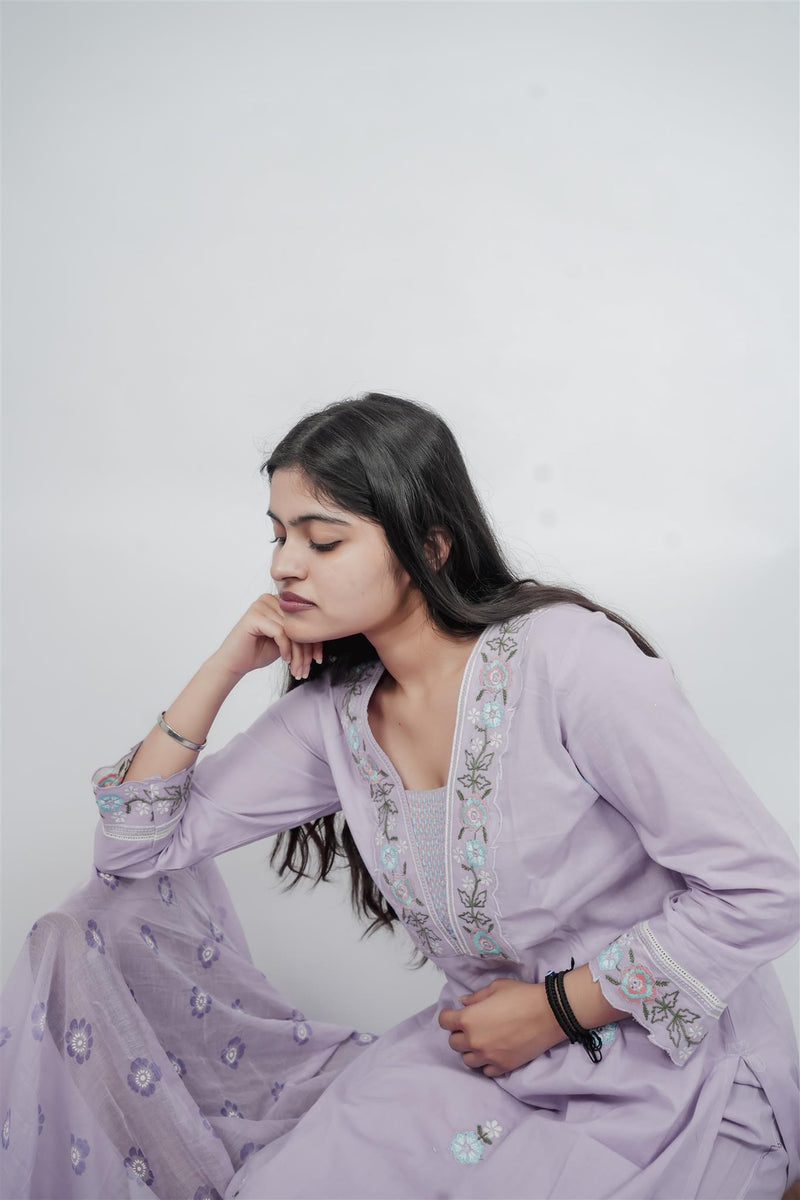 Miramaar Women's Purple Cotton Embroidered V-Neck Solid Kurta Dupatta Set