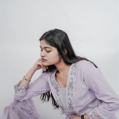 Miramaar Women's Purple Cotton Embroidered V-Neck Solid Kurta Dupatta Set