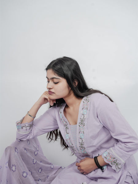 Miramaar Women's Purple Cotton Embroidered V-Neck Solid Kurta Dupatta Set