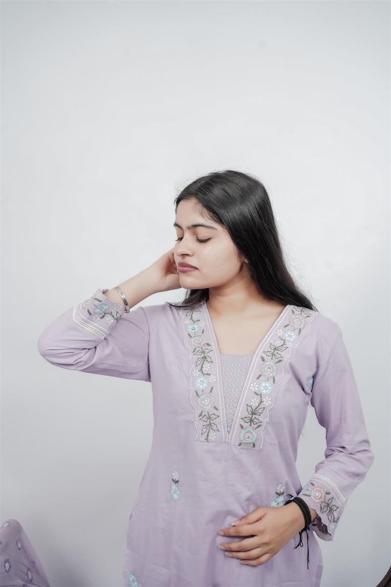 Miramaar Women's Purple Cotton Embroidered V-Neck Solid Kurta Dupatta Set