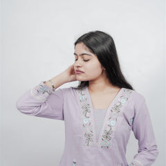 Miramaar Women's Purple Cotton Embroidered V-Neck Solid Kurta Dupatta Set