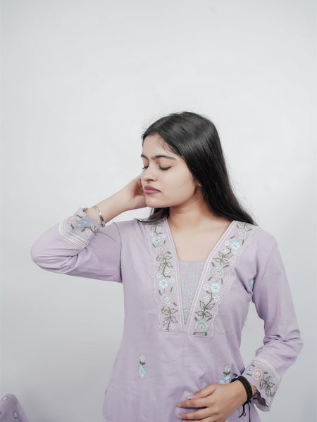 Miramaar Women's Purple Cotton Embroidered V-Neck Solid Kurta Dupatta Set