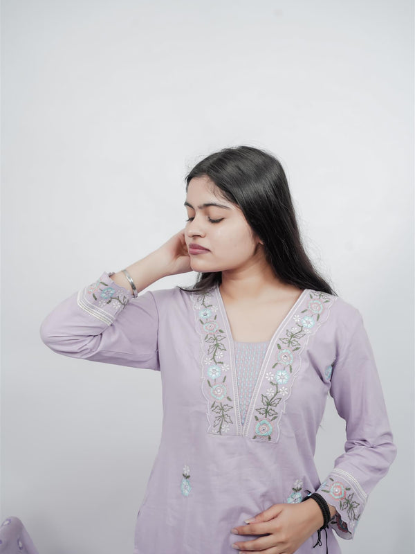 Miramaar Women's Purple Cotton Embroidered V-Neck Solid Kurta Dupatta Set