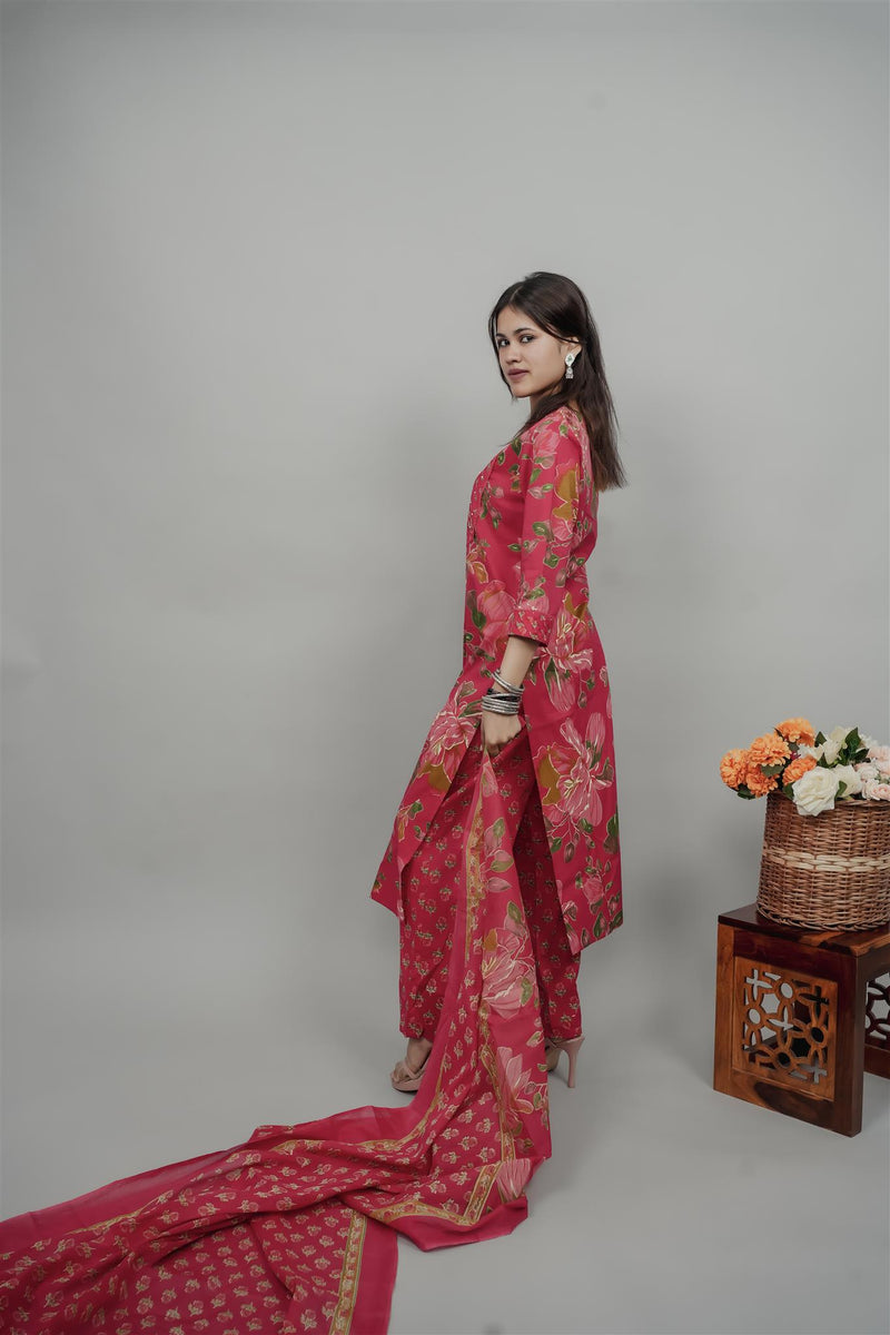 Miramaar Women's Magenta Straight Pintex Work Kurta Dupatta Set