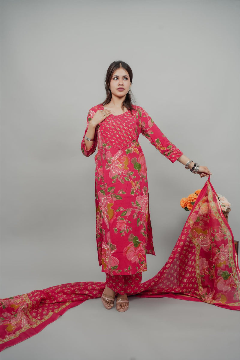 Miramaar Women's Magenta Straight Pintex Work Kurta Dupatta Set