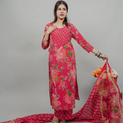 Miramaar Women's Magenta Straight Pintex Work Kurta Dupatta Set