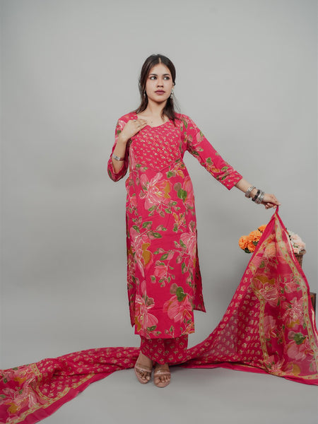Miramaar Women's Magenta Straight Pintex Work Kurta Dupatta Set