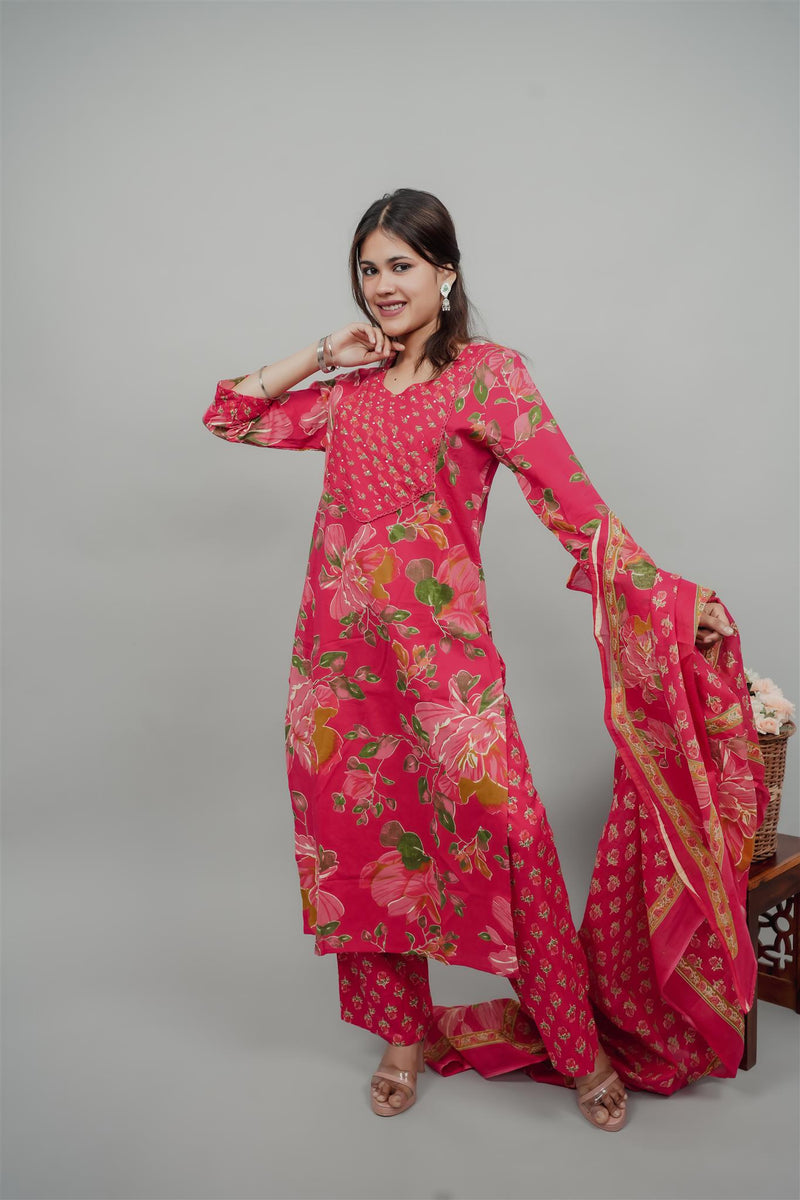 Miramaar Women's Magenta Straight Pintex Work Kurta Dupatta Set