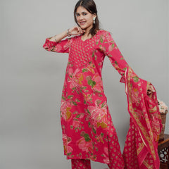 Miramaar Women's Magenta Straight Pintex Work Kurta Dupatta Set