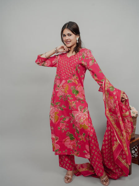 Miramaar Women's Magenta Straight Pintex Work Kurta Dupatta Set