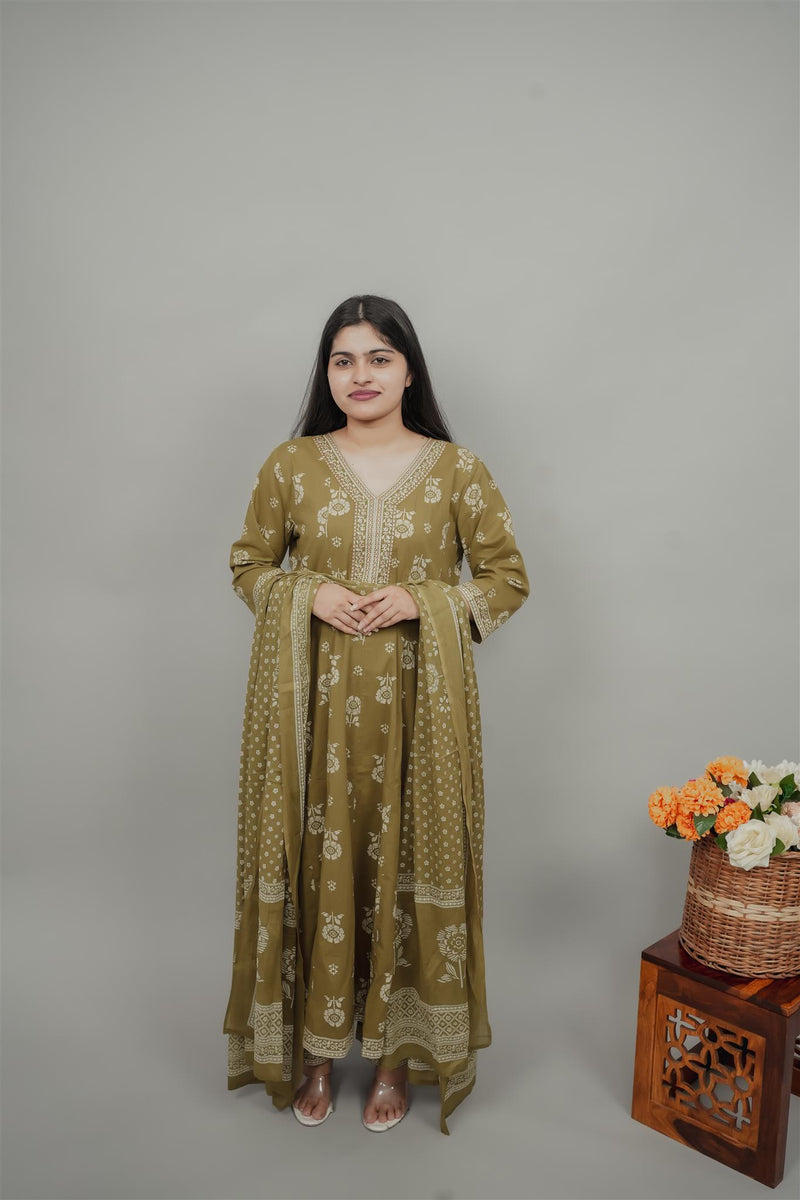 Miramaar Women's Green Anarkali Adda Work Kurta Dupatta Set