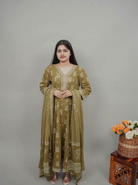 Miramaar Women's Green Anarkali Adda Work Kurta Dupatta Set