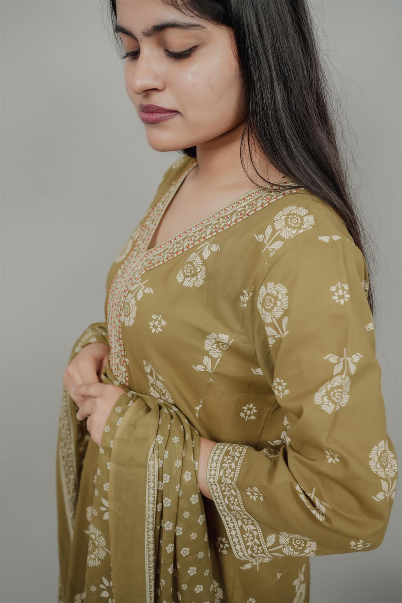 Miramaar Women's Green Anarkali Adda Work Kurta Dupatta Set