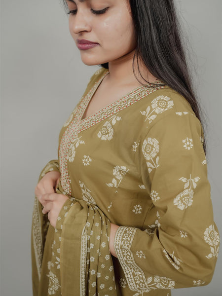 Miramaar Women's Green Anarkali Adda Work Kurta Dupatta Set
