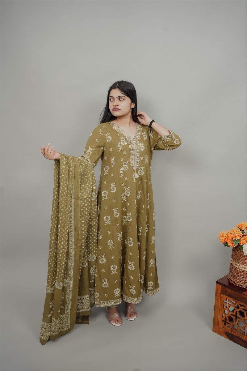 Miramaar Women's Green Anarkali Adda Work Kurta Dupatta Set