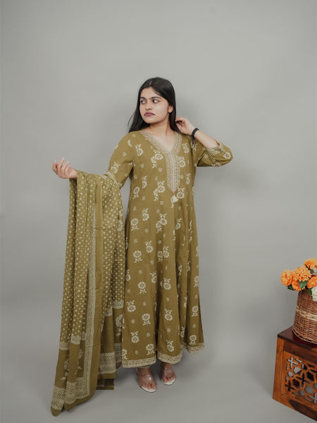 Miramaar Women's Green Anarkali Adda Work Kurta Dupatta Set