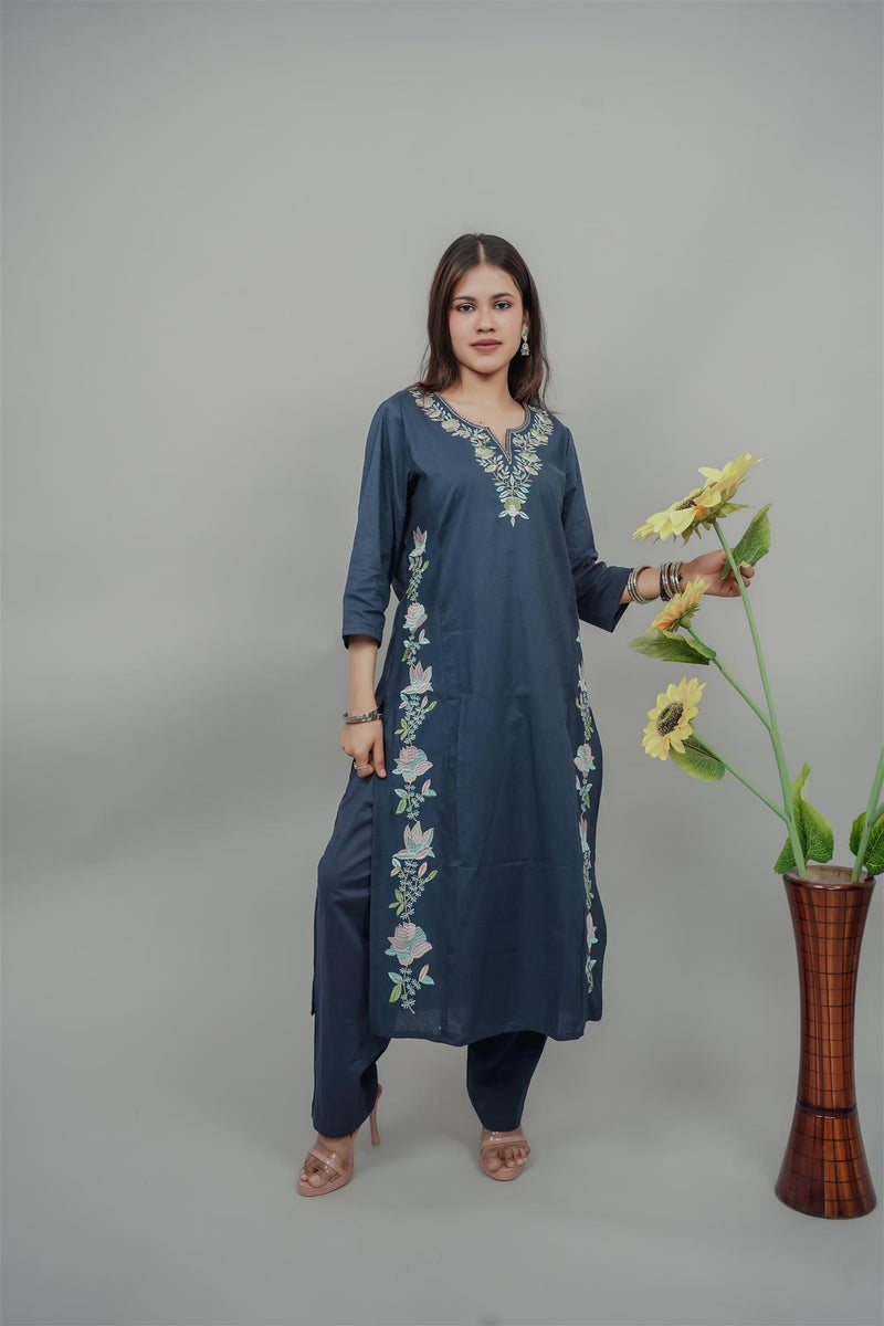 Miramaar Women's Blue Cotton Embroidered Round Neck Solid Kurta Set