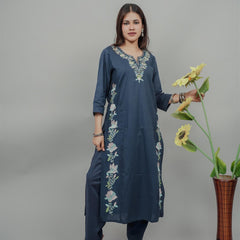 Miramaar Women's Blue Cotton Embroidered Round Neck Solid Kurta Set