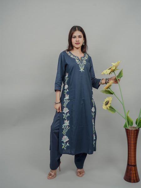 Miramaar Women's Blue Cotton Embroidered Round Neck Solid Kurta Set