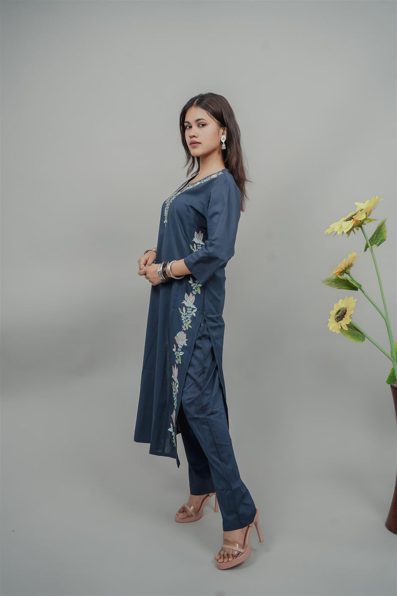 Miramaar Women's Blue Cotton Embroidered Round Neck Solid Kurta Set