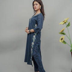 Miramaar Women's Blue Cotton Embroidered Round Neck Solid Kurta Set