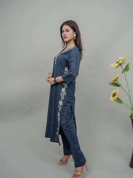 Miramaar Women's Blue Cotton Embroidered Round Neck Solid Kurta Set