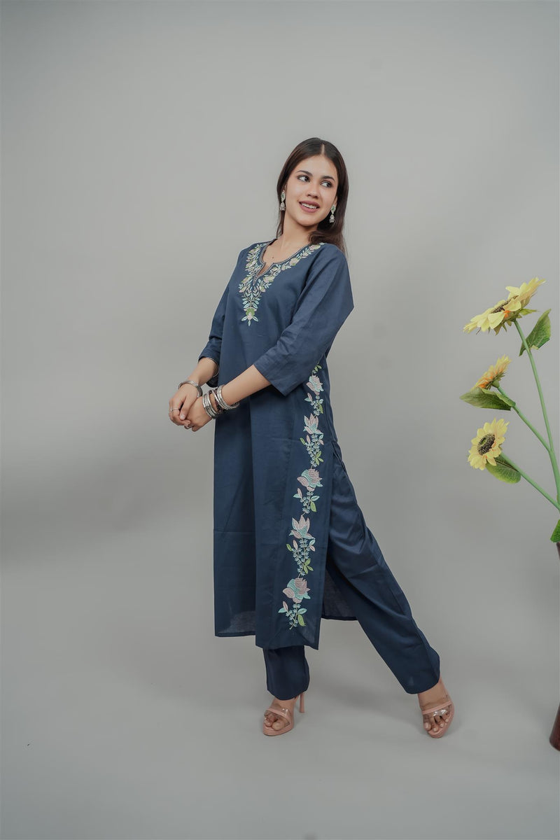 Miramaar Women's Blue Cotton Embroidered Round Neck Solid Kurta Set