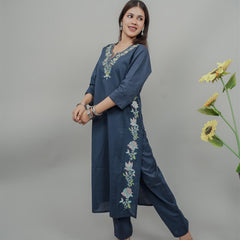 Miramaar Women's Blue Cotton Embroidered Round Neck Solid Kurta Set