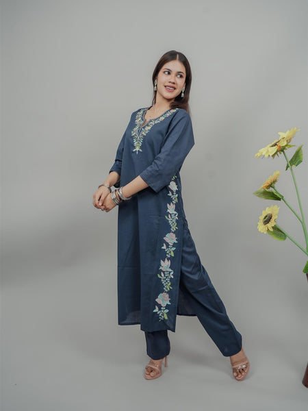 Miramaar Women's Blue Cotton Embroidered Round Neck Solid Kurta Set