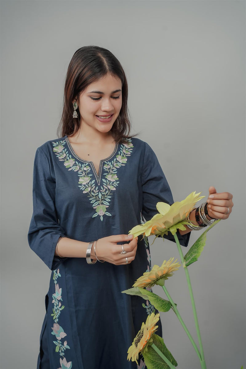 Miramaar Women's Blue Cotton Embroidered Round Neck Solid Kurta Set