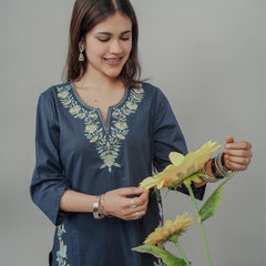Miramaar Women's Blue Cotton Embroidered Round Neck Solid Kurta Set