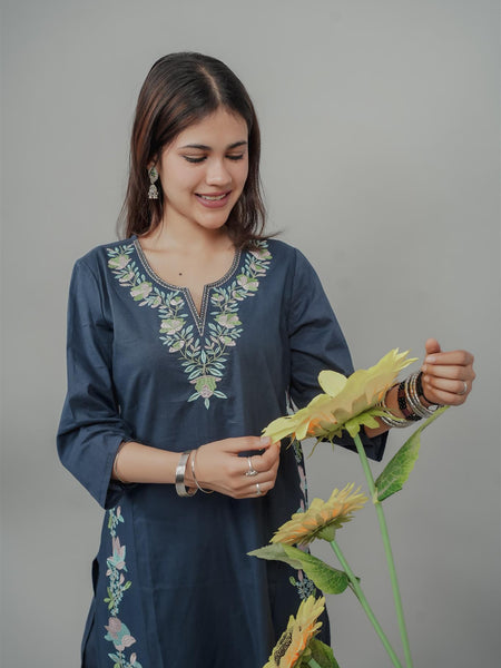 Miramaar Women's Blue Cotton Embroidered Round Neck Solid Kurta Set