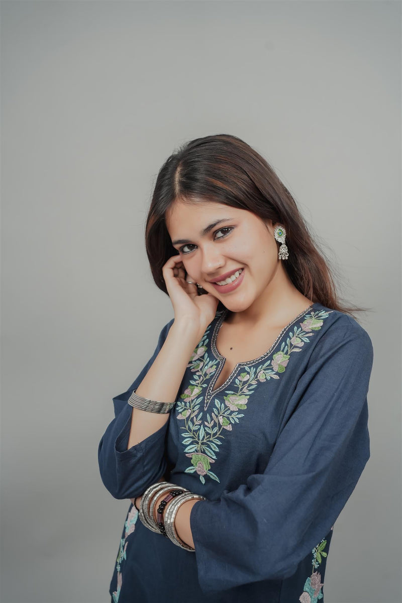 Miramaar Women's Blue Cotton Embroidered Round Neck Solid Kurta Set