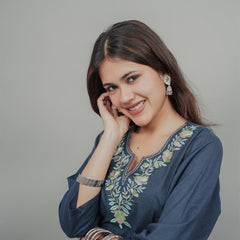 Miramaar Women's Blue Cotton Embroidered Round Neck Solid Kurta Set