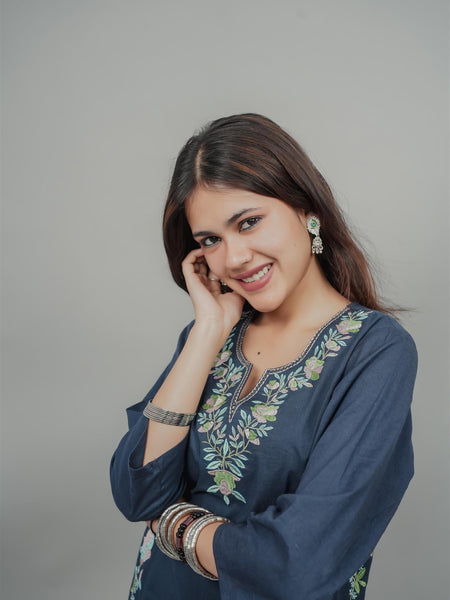 Miramaar Women's Blue Cotton Embroidered Round Neck Solid Kurta Set