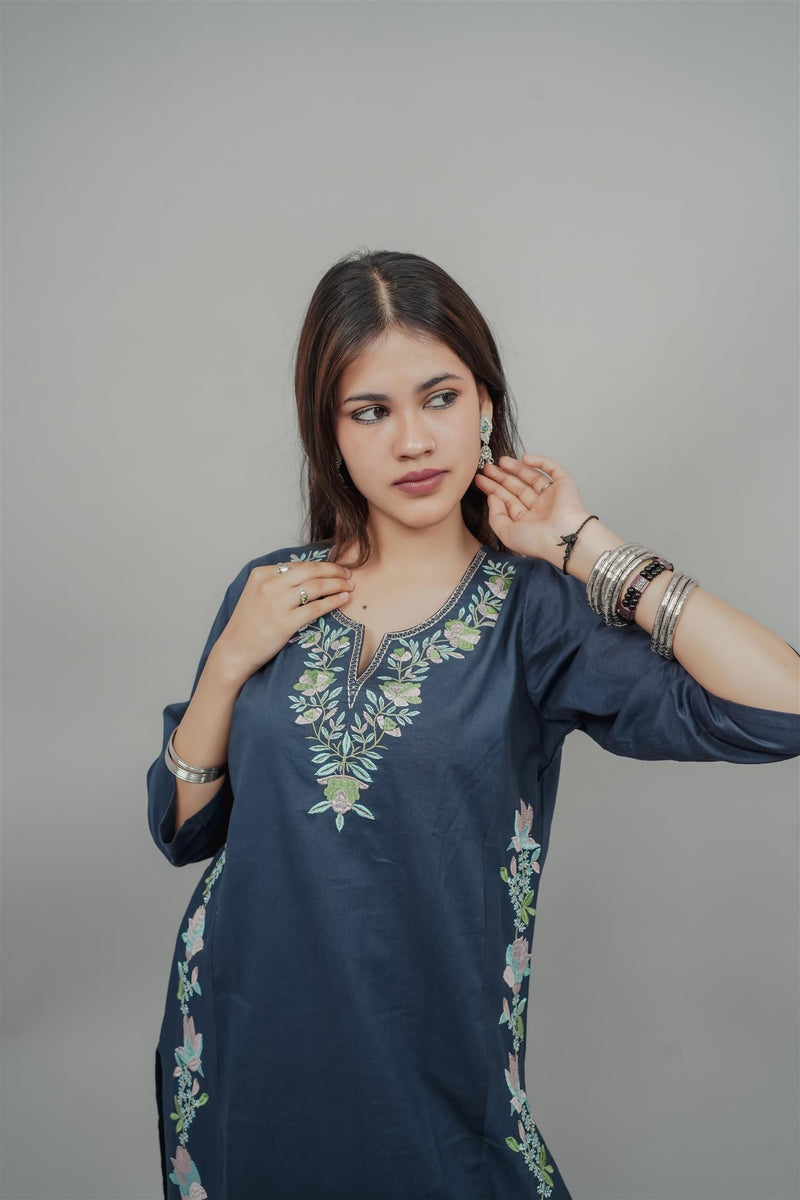 Miramaar Women's Blue Cotton Embroidered Round Neck Solid Kurta Set