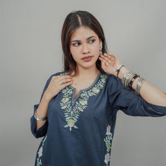 Miramaar Women's Blue Cotton Embroidered Round Neck Solid Kurta Set