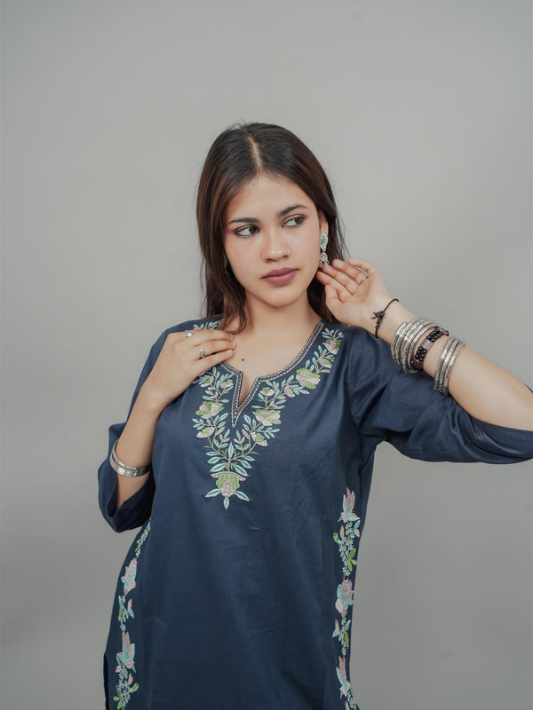 Miramaar Women's Blue Cotton Embroidered Round Neck Solid Kurta Set
