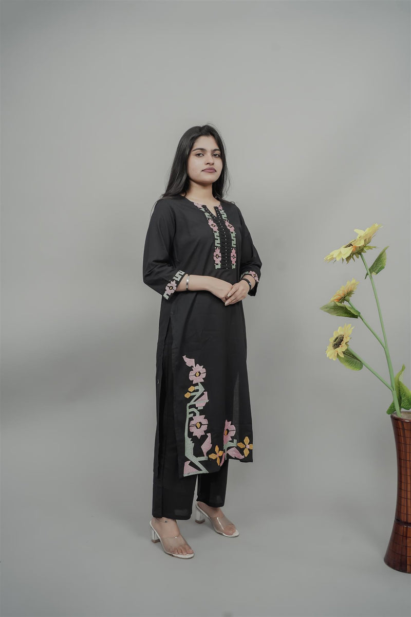 Miramaar Women's Black Cotton Embroidered Round Neck Solid Kurta Set